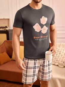 2pcs/Set Men's Letter Print Short Sleeve Casual Top And Shorts Pajama Set - Dark Grey - View 3