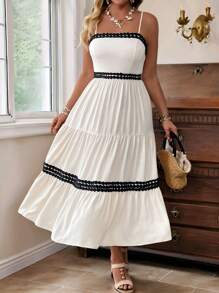 SHEIN Clasi فستان إسليب ماكسي بتصميم الدانتيل والألوان المتناقضة المناسب للمقاسات الكبيرة، صيفي - لون مشمشي - مشاهدة 10