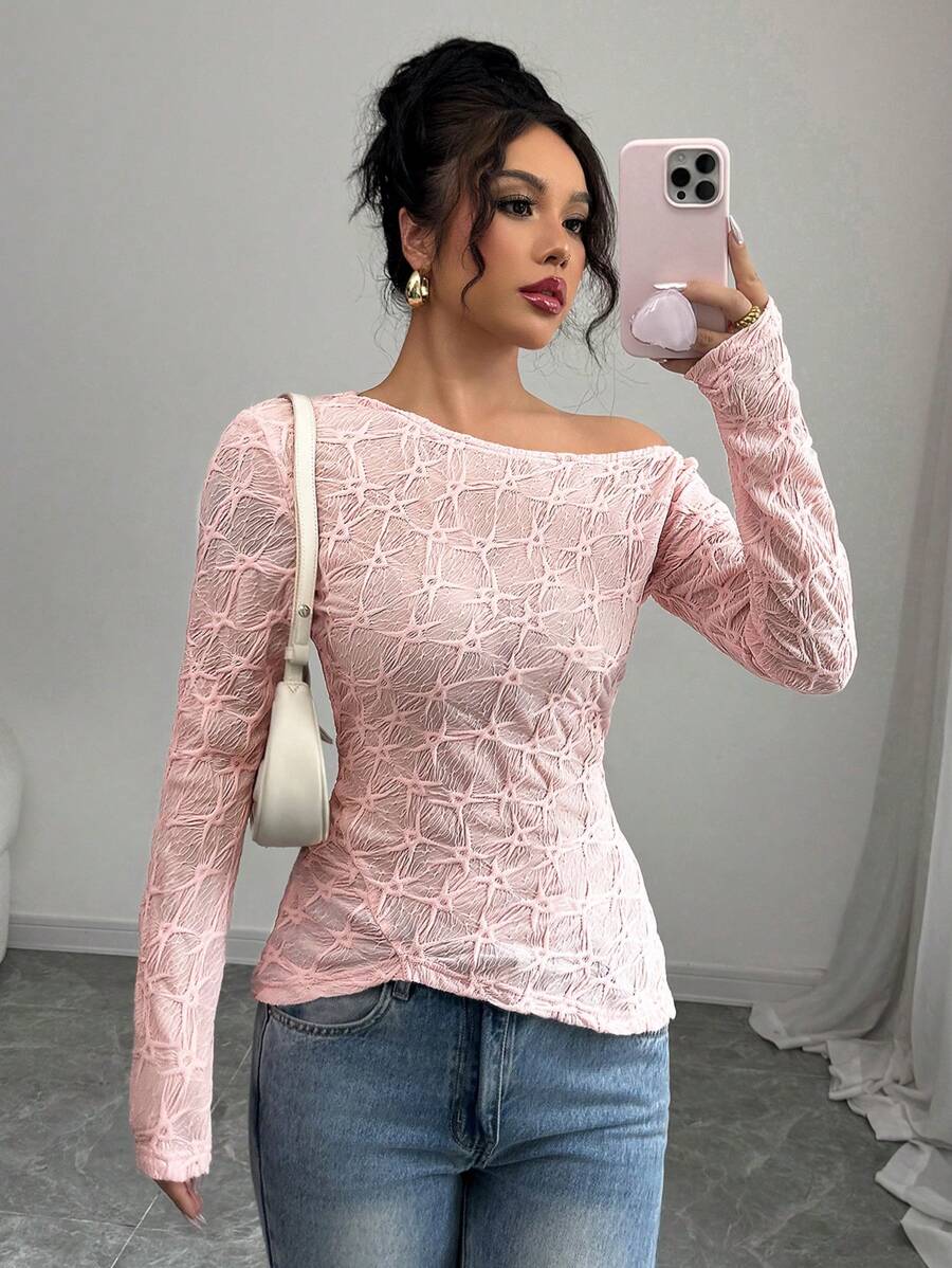 Elenzga 女士标准尺码提花弹性纯色不对称下摆优雅衬衫 - 粉色 - 查看 1