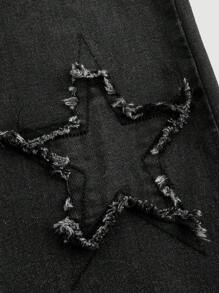 SHEIN EZwear Women's Casual Skinny Low Waist Flare Jeans, Black,Y2K Vintage Distressed Punk & Adventure Five-Pointed Star Patch Denim ,Spring Summer ﻿,Saint Patrick / St Patrick Day,Spring For Women / Spring - Black - View 3