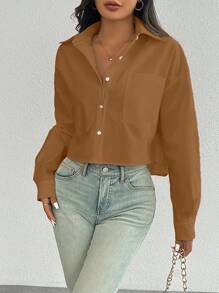 EMERY ROSE 随机花卉图案简约时尚休闲日常纯色长袖衬衫 - 棕色 - 查看 4