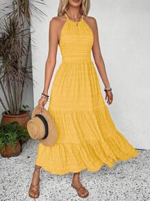 Breezaya 女士休闲系带褶皱下摆长裙超长度假海滩装 - 黃色 - 查看 3