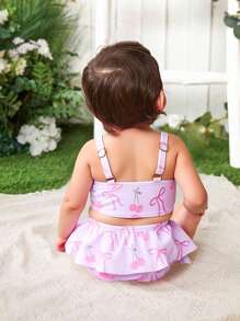 Newborn Baby Girl Cherry Bow Print Ruffle Trim Split Swimsuits With Headband - Pink - View 2