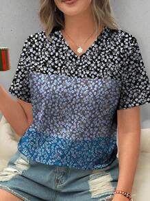 Plus Size Women V-Neck Casual Ditsy Floral Short Sleeve Top, Summer Women Top - Yellow - View 6