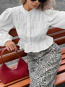 SHEIN Essnce Casual Women's Solid Color Ruffle Bell Sleeve Pleated Single Breasted Blouse