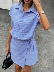 Siren Gaze Váy bút chì nàng tiên cá màu xanh và trắng cho nữ, váy công sở vừa vặn, váy sơ mi sọc xanh và trắng cho buổi tiệc tụ tập, váy dạo phố cho nữ váy mùa hè cho nữ váy ngắn cho nữ váy xanh cho nữ váy cocktail cho nữ, trang phục công sở giản dị cho nữ - Xanh và trắng - Xem 1