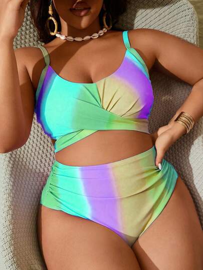 SHEIN Slayr CURVE 2st/Set Plus Size Damtryckta Split Bikini Badkläder Set, Casual Holiday