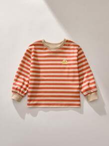 THE HAPPY LOOK Young Boys Cute Embroidered Striped Collar Contrast Rib Drop Shoulder T-Shirts, Casual Sporty Style, For Winter And Spring - Yellow - View 5
