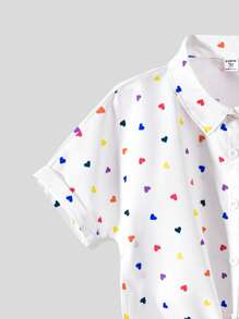 SHEIN Explorewe 少女心形印花短袖单排扣休闲衬衫 - 白色 - 查看 5