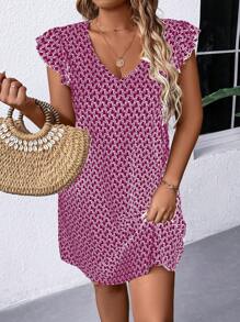 SHEIN Frenchy Plus Size A-Line Lace Splice Short Dress With Back Zipper Summer Women Dresses - Burgundy - View 3