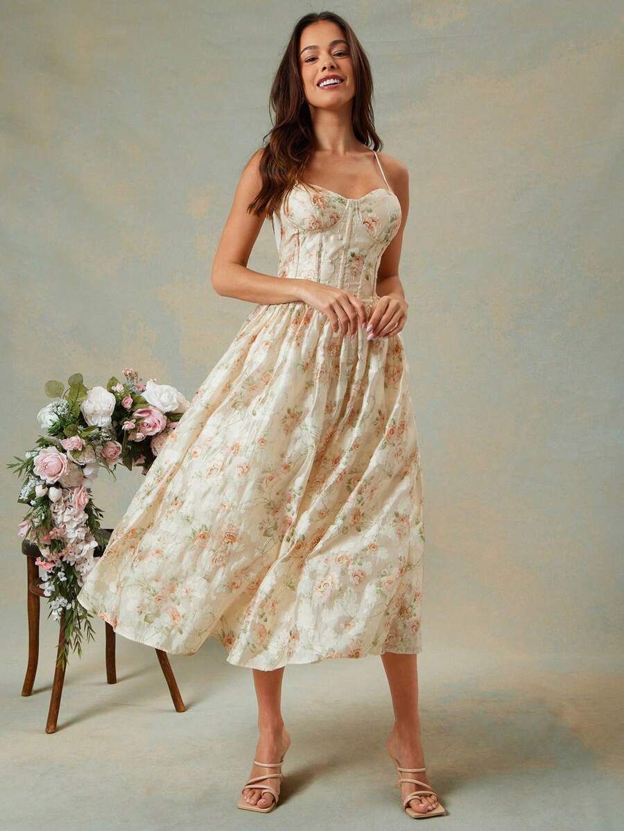 L'Amorae 优雅花卉粉彩无袖紧身胸衣收腰修身喇叭裙春夏连衣裙、婚礼宾客礼服、女士夏季服装 - 彩色 - 查看 1