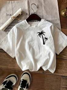 SHEIN LUNE Women's Salty Beachy Top: Cute Vacation Tee With Palm Tree Graphic For Summer - White - View 2