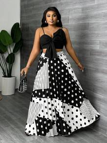 Slaydiva Plus Size Women Elegant & Party Wear Vintage Style Solid Black Twist Knot Cami Top With Dotted Pleated Skirt Set - C - Black and White - View 6