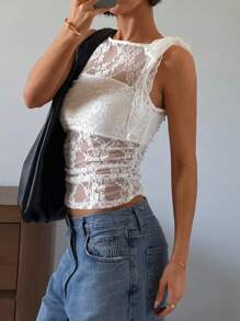 SHEIN Essnce Women's Elegant Solid Sheer Lace Camisole - White - View 4