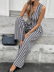 SHEIN Essnce 2 pièces Femmes Gilet rayé à simple boutonnage et pantalon Costume décontracté ample