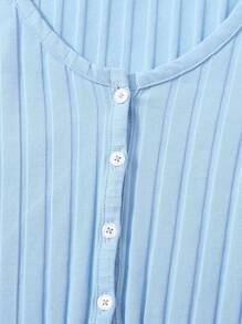 SHEIN EZwear Buttoned Front Lettuce Trim Rib-knit Top