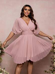 SHEIN Belle Plus Size Women Solid Color Bat Sleeve Ruffled Wedding Guest Mini Dress - Pink - View 3