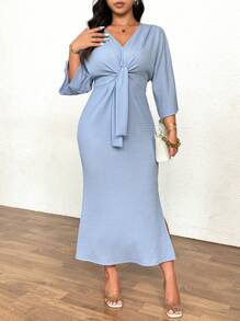 SHEIN Clasi Plus Size Women Elegant Textured Twist Knot Front Midi Dress, Slimming Waist, Stretchy Knit Fabric, High Slit, Blue Long Sleeve Dress For Casual Wear & Commuting - Blue - View 6