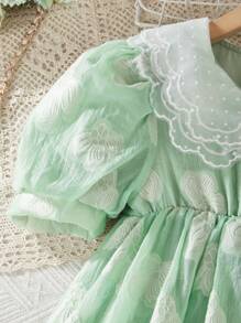 SHEIN 1 Stück Mädchen Sommer Neu Grün Jacquard Netztüll Puffärmel Elegantes Rüschen Kragen Prinzessin Kleid, Frühling/Sommer