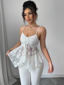 Selianne Áo hai dây ren trơn màu thanh lịch cho nữ có viền bất đối xứng - trắng - Xem 6
