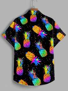 Manfinity VCAY Men's Black Pineapple Print Woven Casual Short Sleeve Shirt - Black - View 3