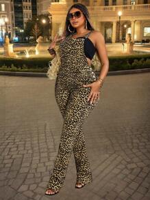 Plus Size Women Cowgirl Leopard Print Elastic Jumpsuit - Brown - View 3