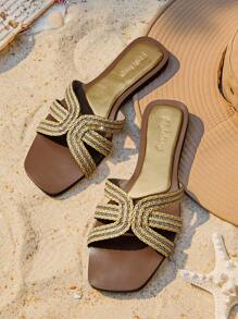 Styleloop Women's Square Toe Metal Texture Casual Flat Slide Sandals, Suitable For Daily Wear And Vacation - Gold - View 1