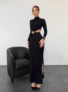 Aloruh Women's Sexy Fashionable Elegant High Collar Side Hollow Front Center Metal Button Decoration Slim Black Long Sleeve Dress Christmas Party Women Dress New Year Eve Dress Christmas Dress Thanksgiving Dress Holiday Dress New Years Dress Christmas Party Dress Party Women Dresses