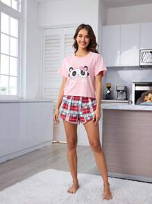 Conjunto de 2 piezas de short a cuadros y camiseta con estampado floral rosa para mujer, ropa de estar en casa casual y cómoda