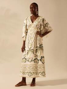 CAJUNI 女士波西米亚风热带花卉、龟背竹叶、椰子树、菠萝印花深 V 领荷叶边袖长裙，休闲夏季度假连衣裙 - 彩色 - 查看 7