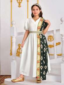 Váy Abaya Kaftan cho bé gái tuổi teen cỡ lớn, Ramadan Ramadan, váy cổ khăn choàng in họa tiết bảo thủ địa phương có thắt lưng vàng - Nhiều màu - Xem 3