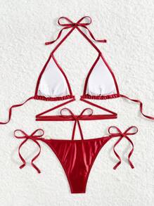 Swim SXY Springbreak 女士新款性感纯红色系带两件套比基尼泳装套装 - 酒紅色 - 查看 3
