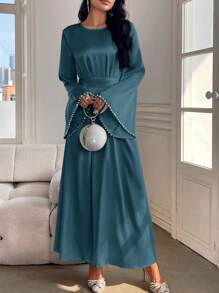 Al Najma Women's Elegant Solid Color Flare Sleeve Long Dress, Spring/Summer, Modest Elegant A Line Arabian Dresses, For Evening Party/Wedding Guest/Anniversary/Daily Wear