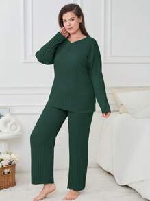 EURMUSE 2Pcs/Women Button Details And Lettuce Trim Detail Homewear Pajama Set