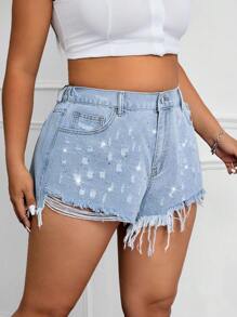 SHEIN EZwear Plus Size Casual Distressed Fray Hem Denim Shorts