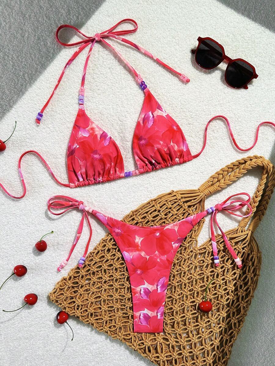 Swim Vcay 女士夏季沙滩装，印花系带串珠吊带露背三角比基尼套装