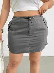 Flirla Plus Size Women Drawstring Waist Short Casual Cargo Skirt