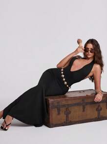 SHEIN BAE Black Sleeveless Deep V-Neck Metal Decorative Side Slit Hem Bodycon Dress For Women, Sexy And Fitted, Suitable For Summer Beach Vacation, Party, Girls Gathering, Club - Black - View 6