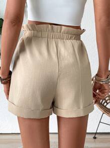 Breezaya Women's Solid Color Front Tie Pleated Casual Shorts - Khaki - View 2