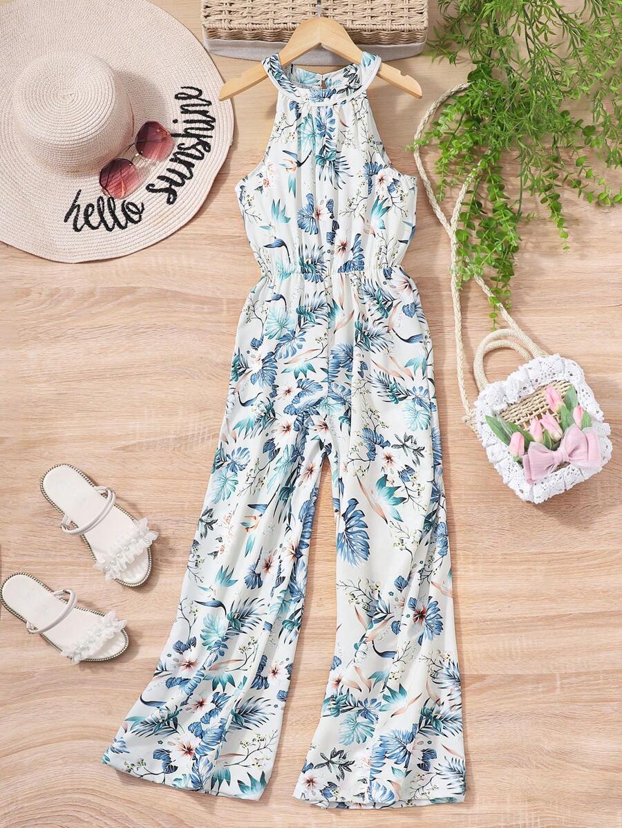 1 Pc Girls Halter Neck Full Prints Vacation Palazzo Pants With Floral & Coconut Tree Pattern, Spring/Summer - Apricot - View 1