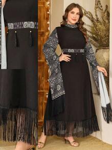 Al Najma Plus Size Stylish Casual Print Patchwork Tassel Cuff Long Sleeve Dress - Black - View 1