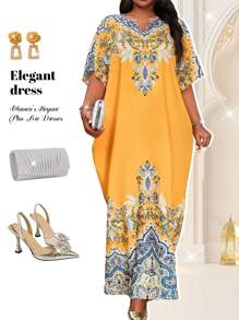Fleurora Plus Size Summer Birthday Party Dress V Neck Short Sleeve Simple Maxi Casual Dress, Yellow Floral Holiday Robe