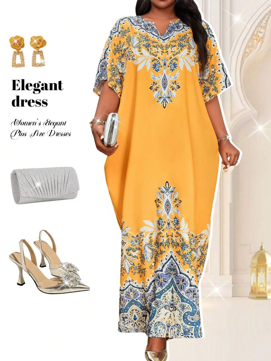 Fleurora Plus Size Summer Birthday Party Dress V Neck Short Sleeve Simple Maxi Casual Dress, Yellow Floral Holiday Robe