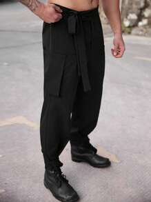 Manfinity Homme Pantalones casuales de hombre de talla grande de un solo color con cordones y bolsillos, para usar a diario - Negro - Ver 3