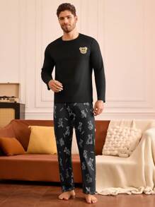 Happy Jammies Set de pijama para hombre con 2 piezas: Top de manga larga con estampado de dibujos animados y pantalones