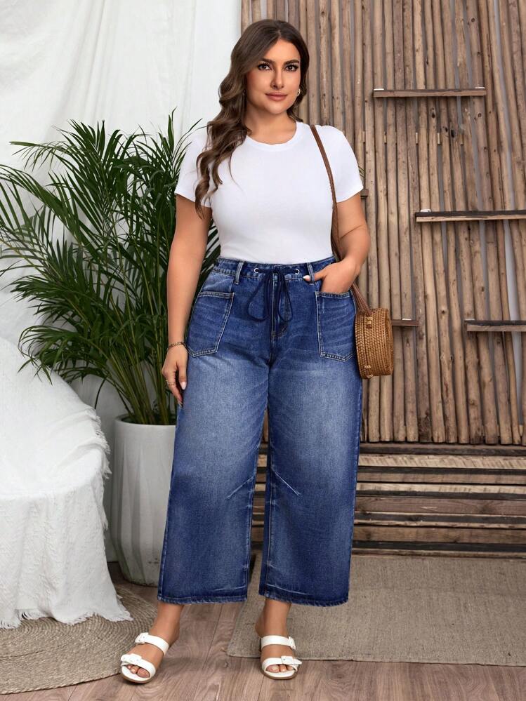 SHEIN Clasi Plus Size Relaxed Fit Drawstring Waist Casual Vacation Barrel Jeans - Blue - View 6