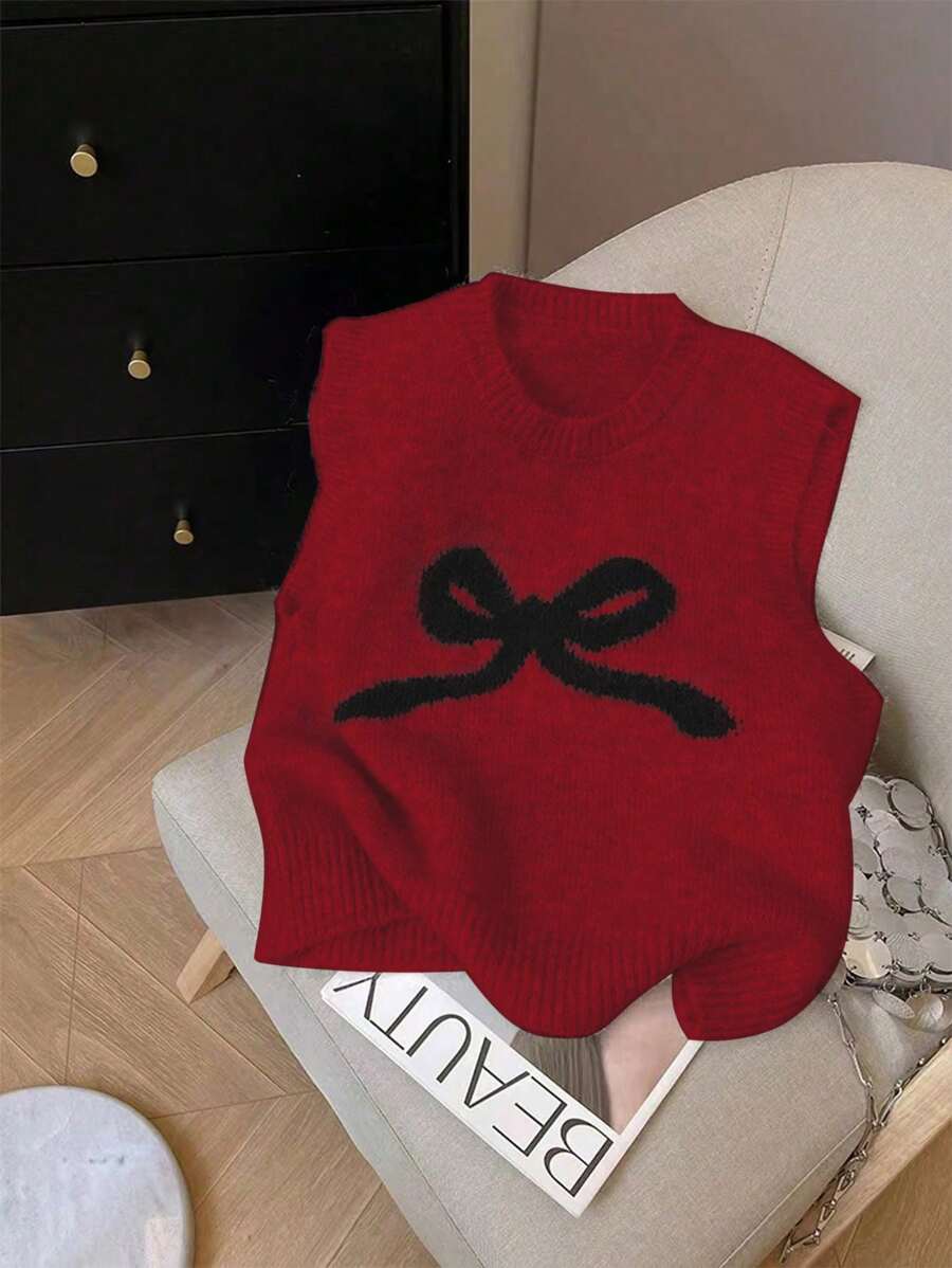 Calvaya 2024 Pull sans manches avec nœud papillon, automne/hiver. Débardeur tricoté doux et ample, idéal pour les superpositions