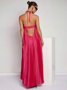 COSMINA Robe simple décontractée pour femme, couleur unie, dos nu, avec attache à la nuque - Rose vif - Voir 2