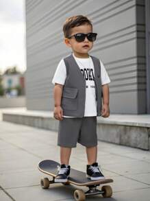 SHEIN 3 stuks/set babyjongen/meisje zomer casual letter grafische print ronde hals t-shirt, effen kleur vest, elastische taille zak sport shorts, geschikt voor casual straatkleding