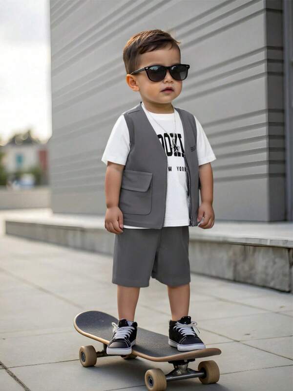 SHEIN 3 stuks/set babyjongen/meisje zomer casual letter grafische print ronde hals t-shirt, effen kleur vest, elastische taille zak sport shorts, geschikt voor casual straatkleding